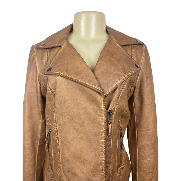 Max Studio Women's Brown Faux Leather Washed Moto Jacket Sz S