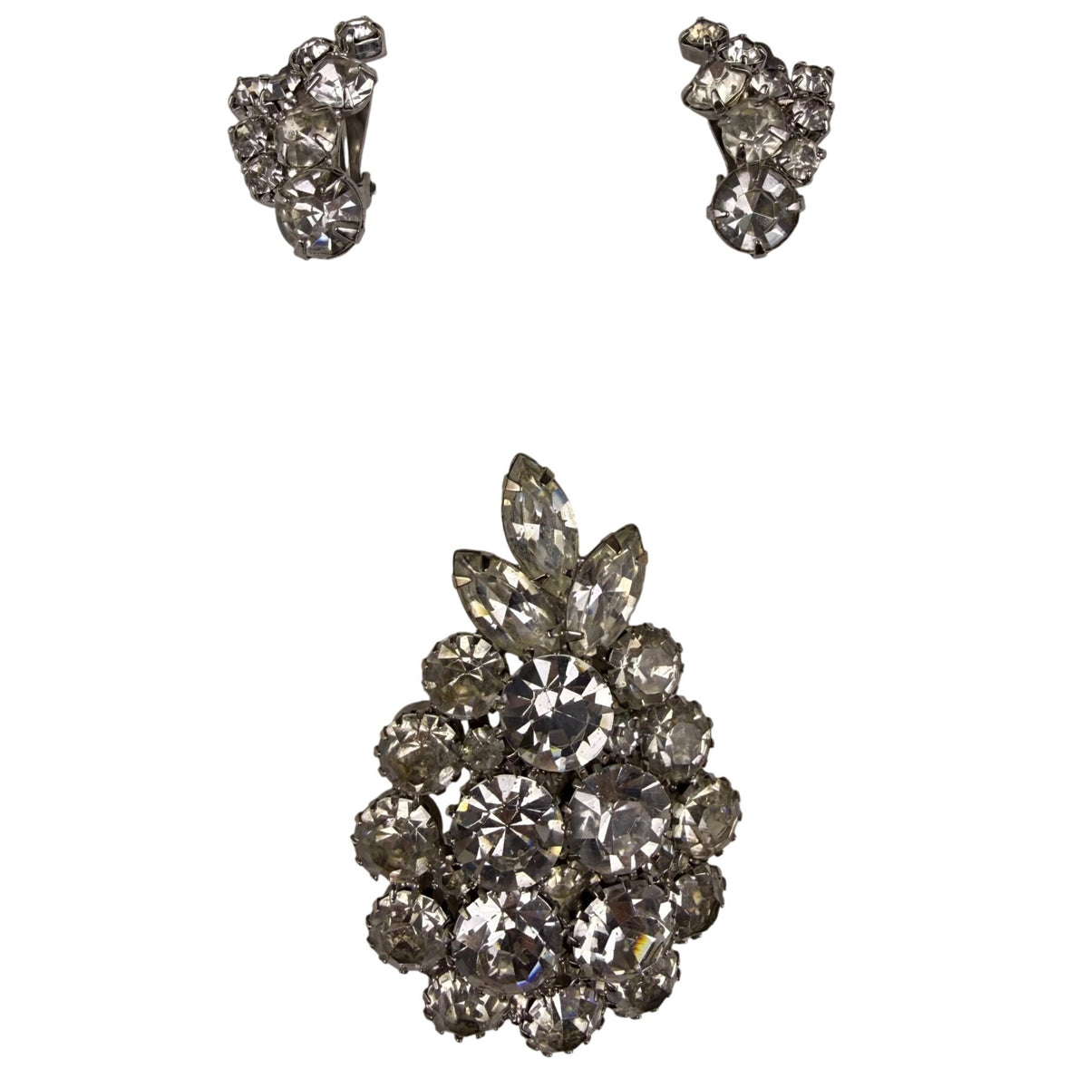 Vintage Cluster Rhinestone Pin & Clip-On Earrings Silver Tone Leaf Motif  Set