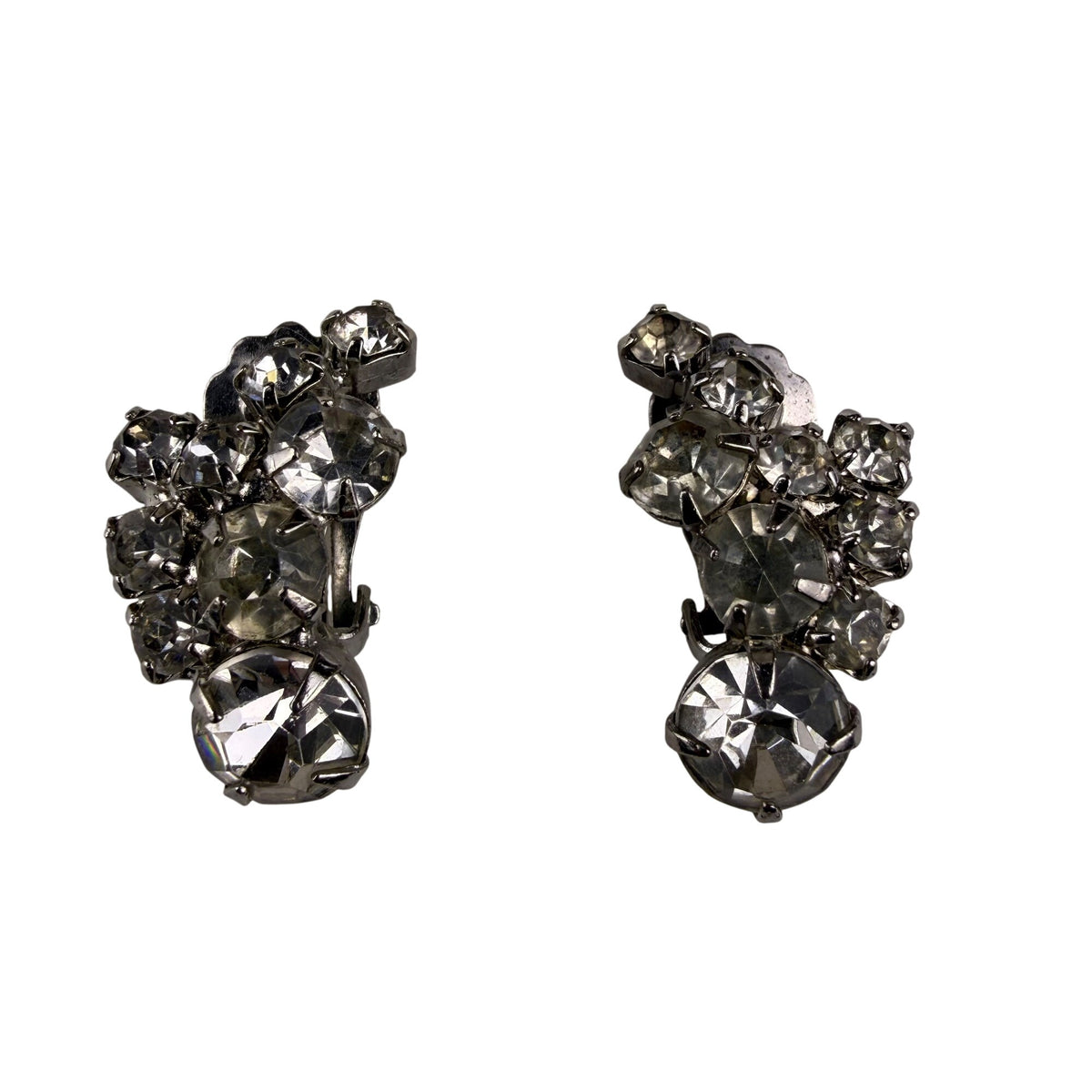 Vintage Cluster Rhinestone Pin & Clip-On Earrings Silver Tone Leaf Motif  Set