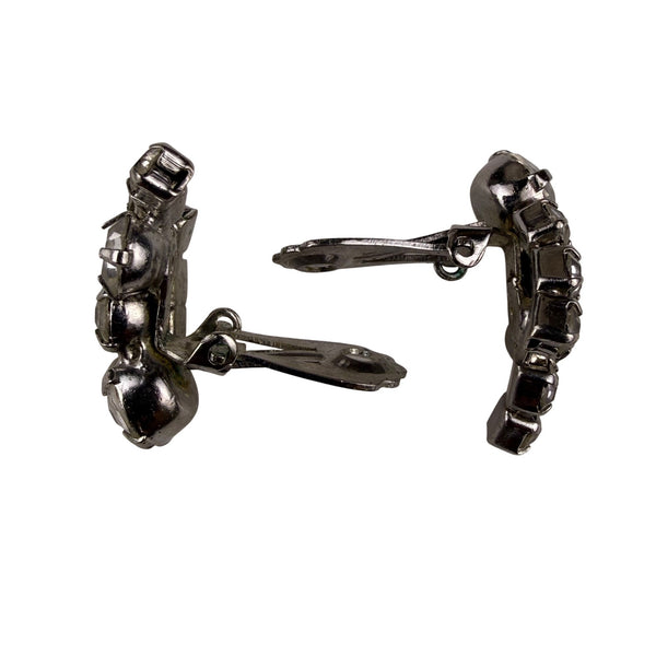 Vintage Cluster Rhinestone Pin & Clip-On Earrings Silver Tone Leaf Motif  Set