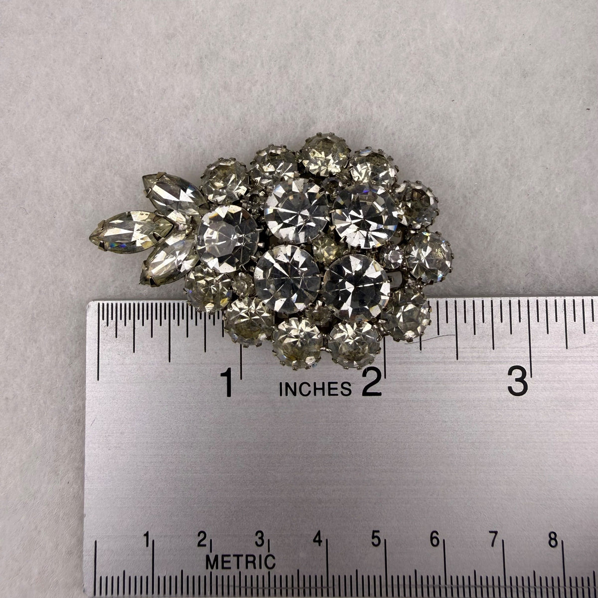 Vintage Cluster Rhinestone Pin & Clip-On Earrings Silver Tone Leaf Motif  Set