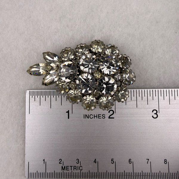 Vintage Cluster Rhinestone Pin & Clip-On Earrings Silver Tone Leaf Motif  Set