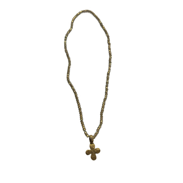 Handcrafted Metallic Beaded Necklace With Gold Cross Pendant