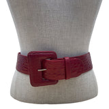 Vintage Red Crocodile Embossed Leather Belt With Square Buckle For Women