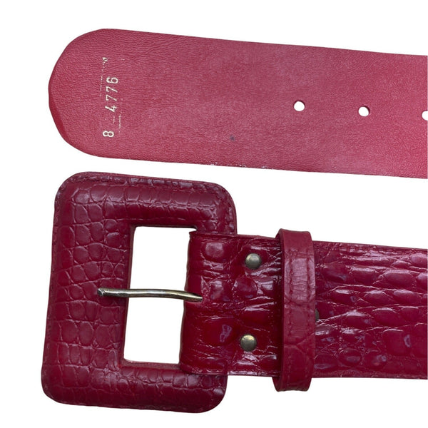 Vintage Red Crocodile Embossed Leather Belt With Square Buckle For Women