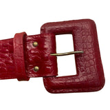 Vintage Red Crocodile Embossed Leather Belt With Square Buckle For Women