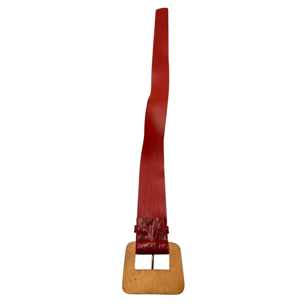 Vintage Red Crocodile Embossed Leather Belt With Square Buckle For Women