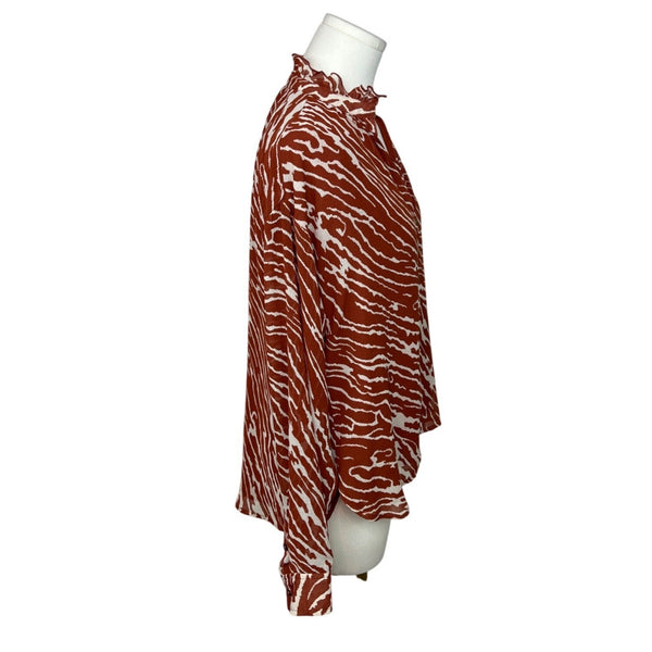 Anthropologie Women's Blouse Rust & White Long Sleeve Ruffle Collar Sz S