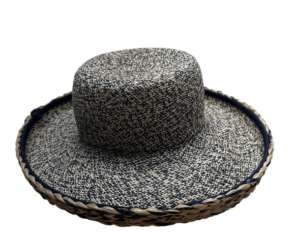 Vintage 80s Talbots Sun Hat With Braided Banding Black Woven Straw and Wide Brim