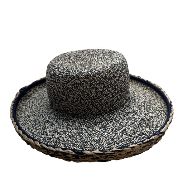 Vintage 80s Talbots Sun Hat With Braided Banding Black Woven Straw and Wide Brim