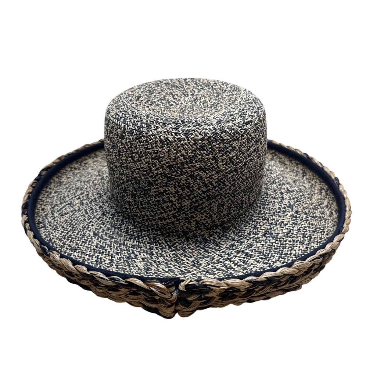 Vintage 80s Talbots Sun Hat With Braided Banding Black Woven Straw and Wide Brim