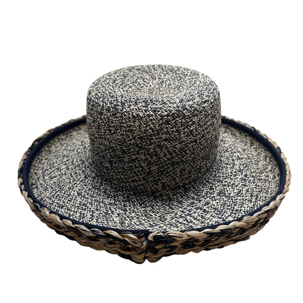 Vintage 80s Talbots Sun Hat With Braided Banding Black Woven Straw and Wide Brim