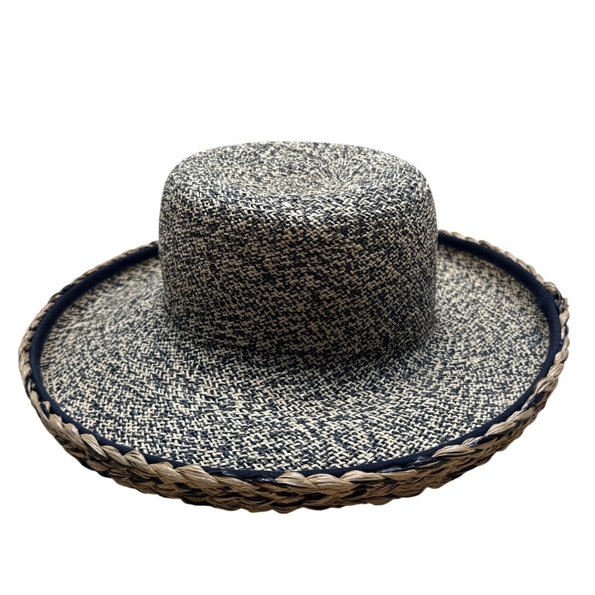 Vintage 80s Talbots Sun Hat With Braided Banding Black Woven Straw and Wide Brim
