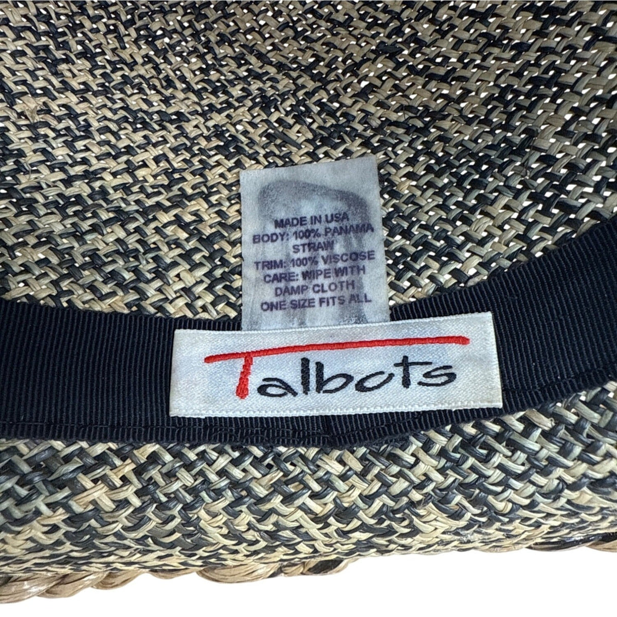 Vintage 80s Talbots Sun Hat With Braided Banding Black Woven Straw and Wide Brim