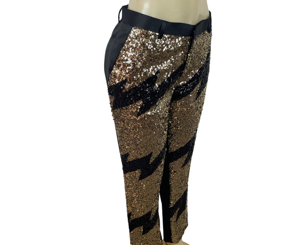 Asos Womens Black & Gold Sequined Straight Pants With Zigzag Pattern Sz 34x30