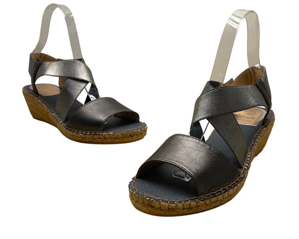 Vidorreta Womens Metallic Graphite Napa Strappy V Love Wedge Sandals Size 40 New