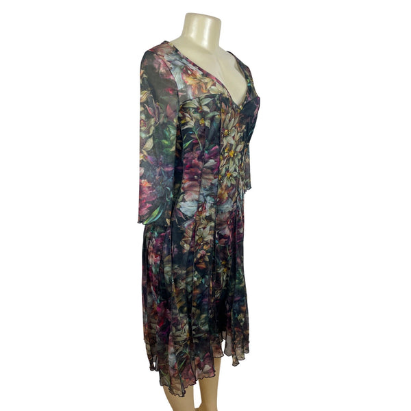 Elana Kattan Floral V-Neck Flowing Flare Paneled Skirt Women Dress Sz M - NEW