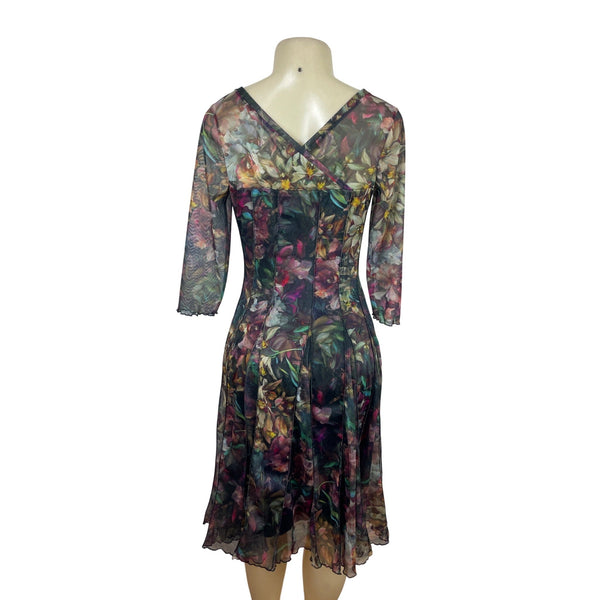 Elana Kattan Floral V-Neck Flowing Flare Paneled Skirt Women Dress Sz M - NEW