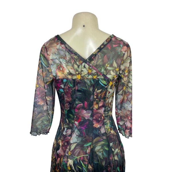Elana Kattan Floral V-Neck Flowing Flare Paneled Skirt Women Dress Sz M - NEW