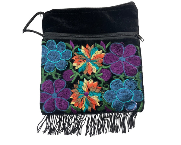 Artesania Embroidered Velvet Floral Black Fringe Crossbody Bag