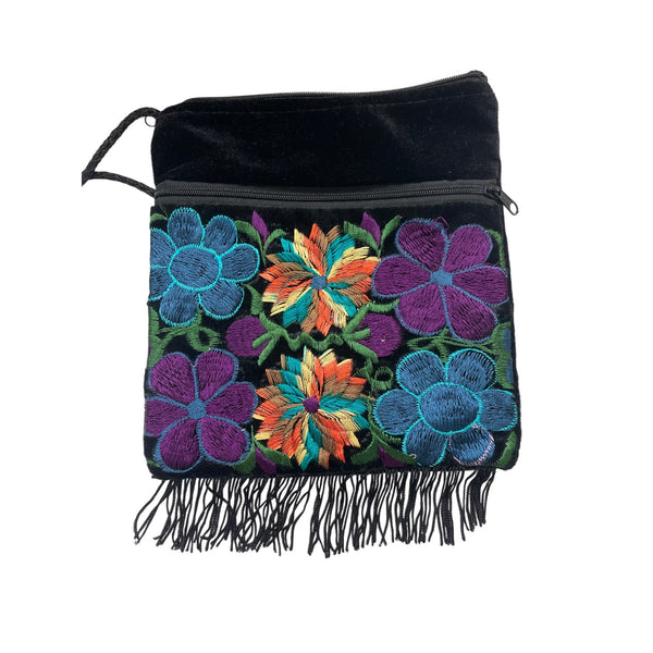 Artesania Embroidered Velvet Floral Black Fringe Crossbody Bag