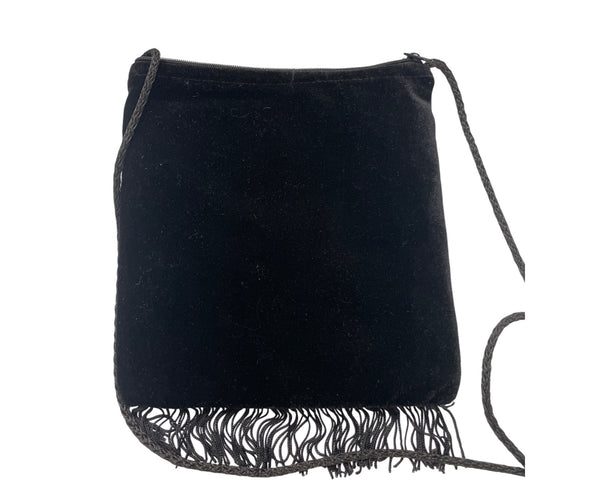 Artesania Embroidered Velvet Floral Black Fringe Crossbody Bag