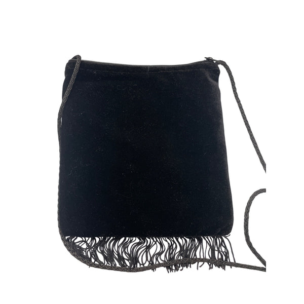 Artesania Embroidered Velvet Floral Black Fringe Crossbody Bag