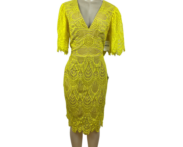 Dress the Population Womens Yellow Lace Midi Dress With Flutter Sleeves Sz L-New