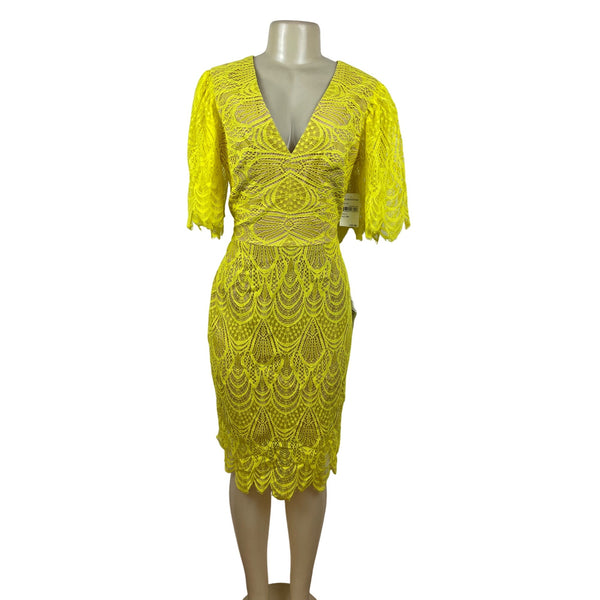 Dress the Population Womens Yellow Lace Midi Dress With Flutter Sleeves Sz L-New