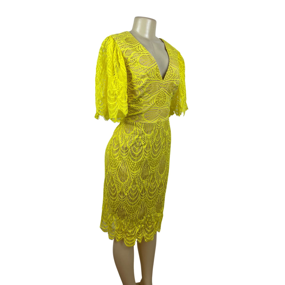 Dress the Population Womens Yellow Lace Midi Dress With Flutter Sleeves Sz L-New