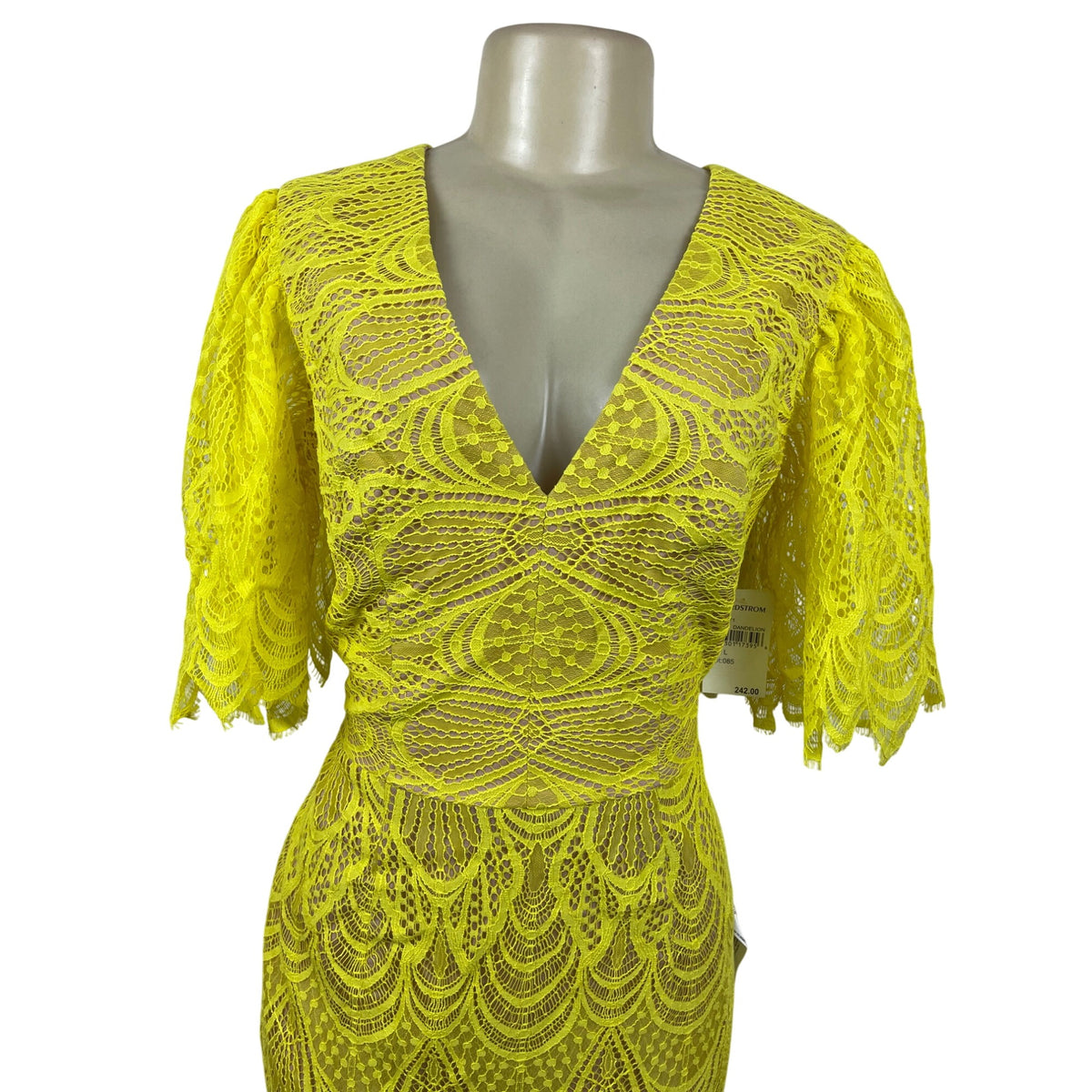 Dress the Population Womens Yellow Lace Midi Dress With Flutter Sleeves Sz L-New