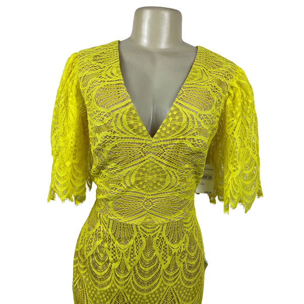 Dress the Population Womens Yellow Lace Midi Dress With Flutter Sleeves Sz L-New