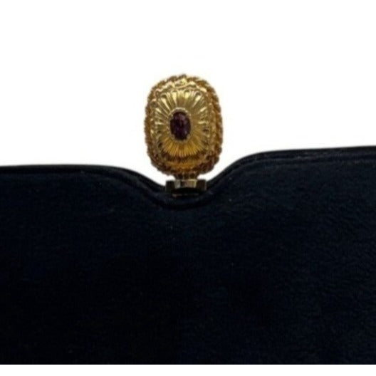 Vintage Rosenfeld Black Gold Clasp & Purple Gem Detail Evening Clutch Bag Sz S