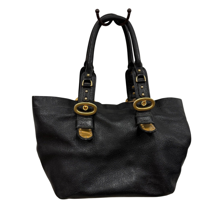 Black Leather Womens Shoulder Tote Bag Gold Hardware Buckle Accent Spacious Design
