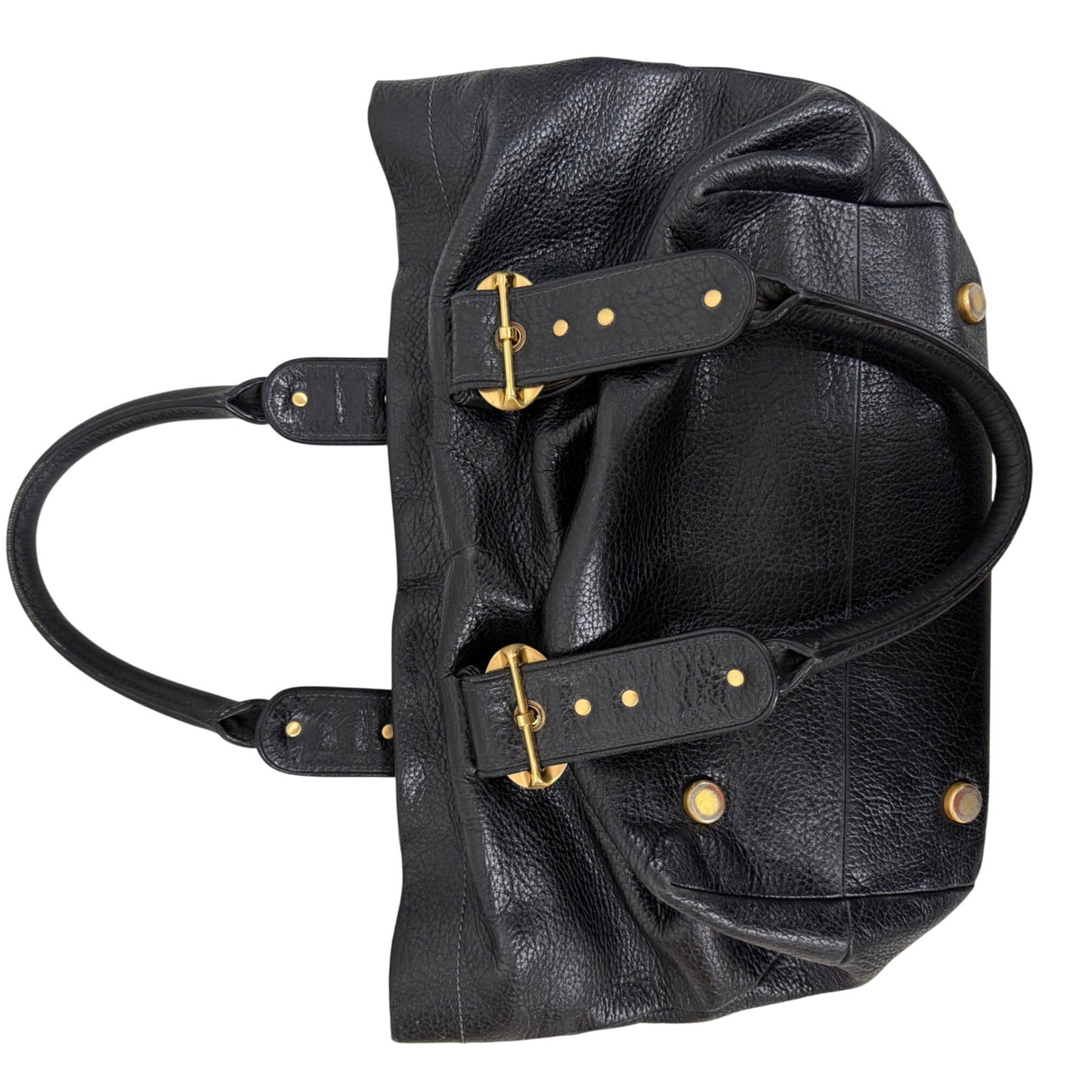Black Leather Womens Shoulder Tote Bag Gold Hardware Buckle Accent Spacious Design