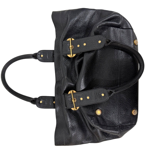 Black Leather Womens Shoulder Tote Bag Gold Hardware Buckle Accent Spacious Design