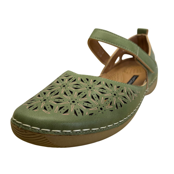 Good Choice Women’s Olive Perforated Floral Design Faryn Flat Shoes Sz 10