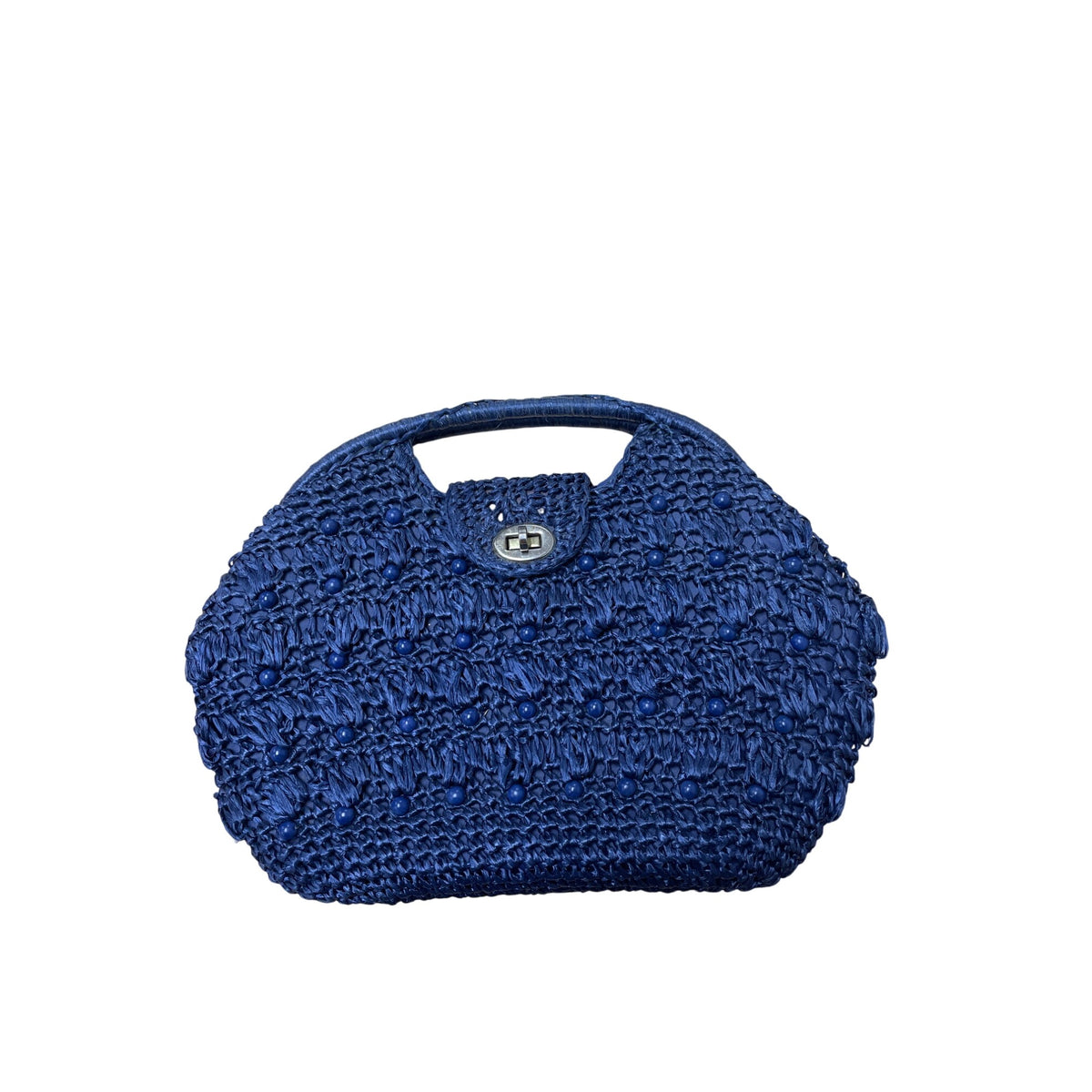 Raffia Womens Navy Blue Woven Handbag With Beaded Texture & Silver Turn-Lock Closure