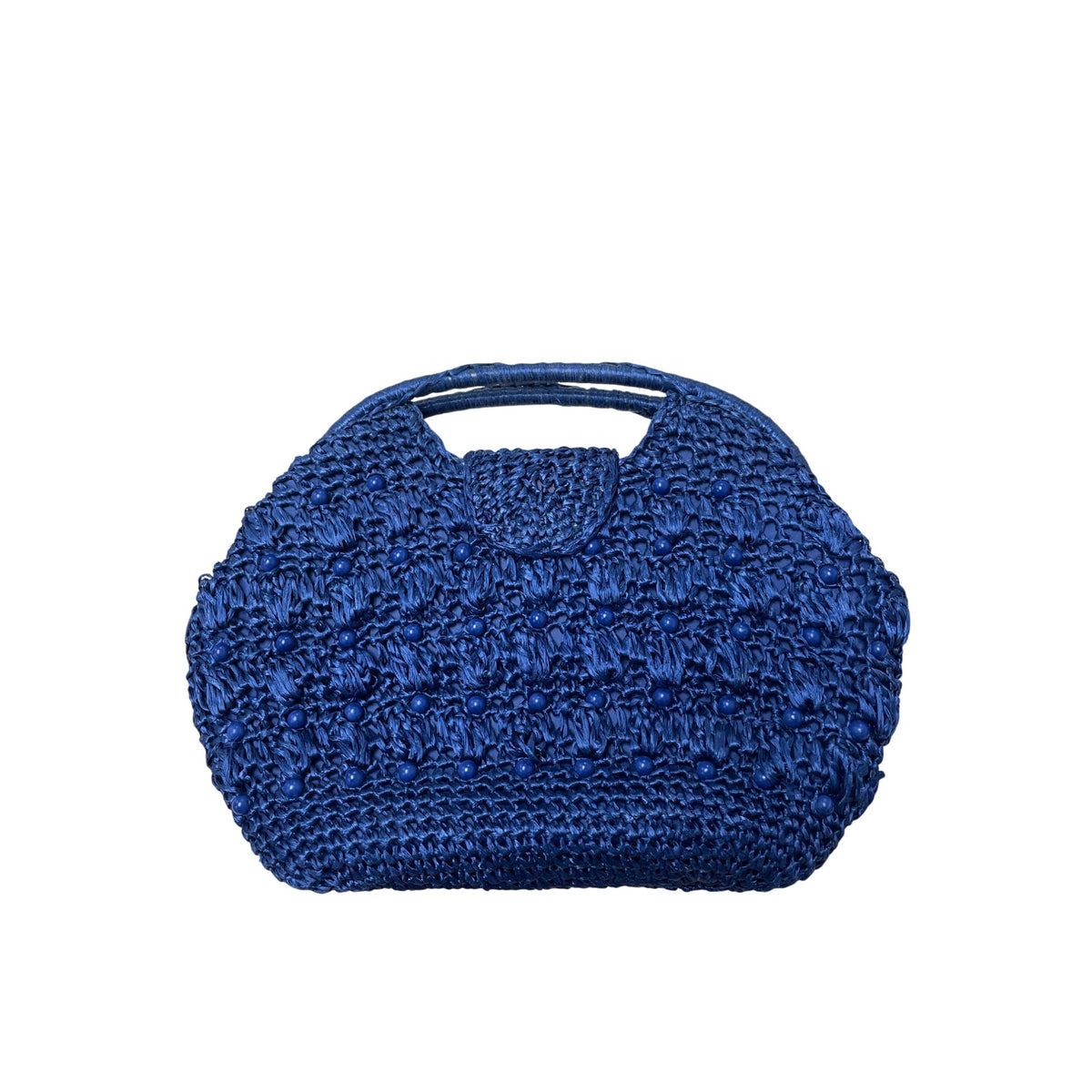 Raffia Womens Navy Blue Woven Handbag With Beaded Texture & Silver Turn-Lock Closure
