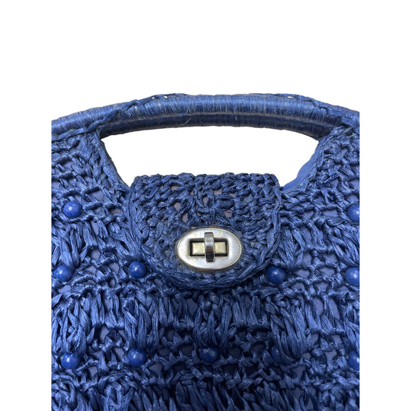 Raffia Womens Navy Blue Woven Handbag With Beaded Texture & Silver Turn-Lock Closure