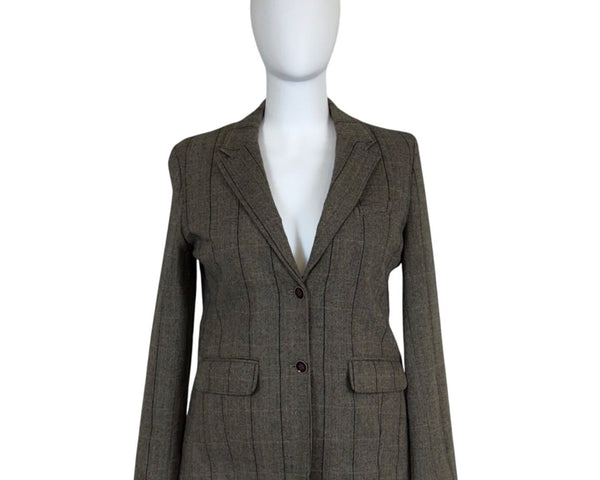 Eddie Bauer Women's Brown Herringbone Wool Blend Blazer Jacket Two Button Checkered Pattern Size T20