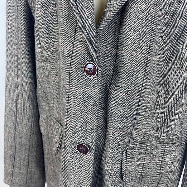 Eddie Bauer Women's Brown Herringbone Wool Blend Blazer Jacket Two Button Checkered Pattern Size T20