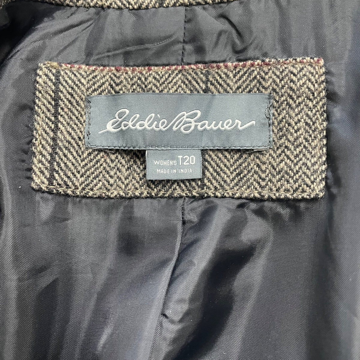 Eddie Bauer Women's Brown Herringbone Wool Blend Blazer Jacket Two Button Checkered Pattern Size T20