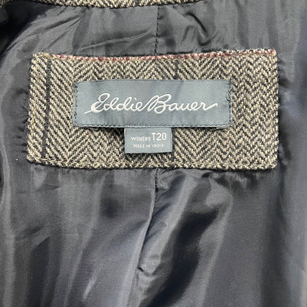 Eddie Bauer Women's Brown Herringbone Wool Blend Blazer Jacket Two Button Checkered Pattern Size T20
