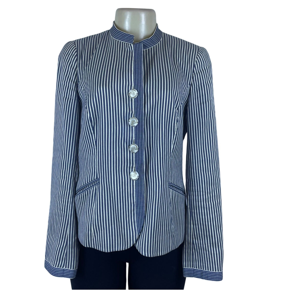 Armani Womens Blue & White Striped Cotton/Acetate Blazer Size 8 Slim Fit Stylish