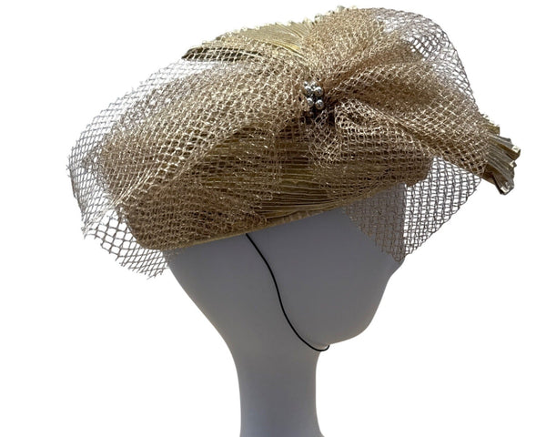 Vintage Style Gold Mesh & Pleated Fascinator Hat With Netting & Metallic Details
