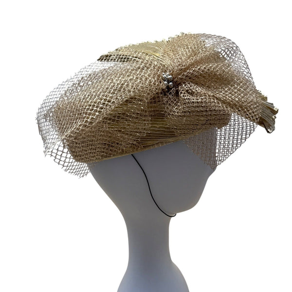 Vintage Style Gold Mesh & Pleated Fascinator Hat With Netting & Metallic Details