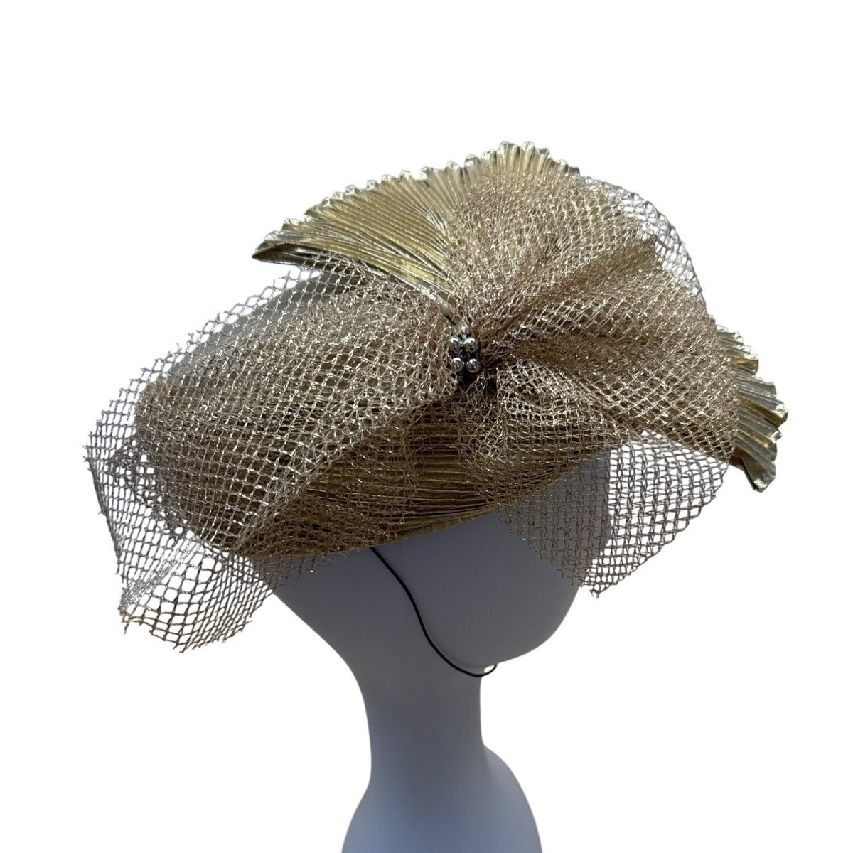 Vintage Style Gold Mesh & Pleated Fascinator Hat With Netting & Metallic Details