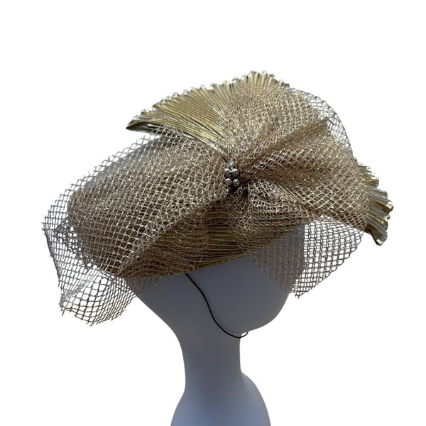 Vintage Style Gold Mesh & Pleated Fascinator Hat With Netting & Metallic Details