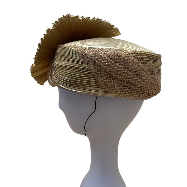 Vintage Style Gold Mesh & Pleated Fascinator Hat With Netting & Metallic Details